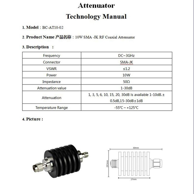 BECEN 10W SMA Attenuator,30db,DC to 3GHz,50 Ohm - Image 2